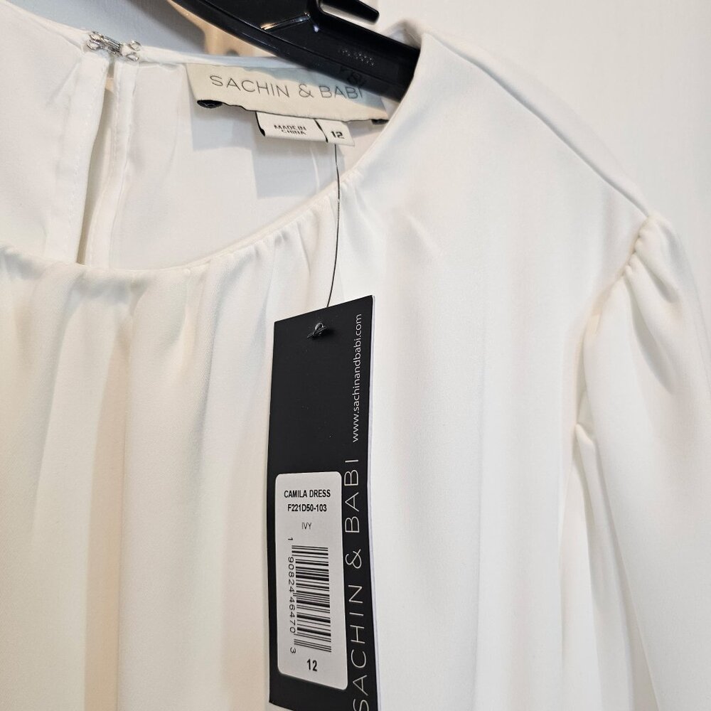 NWT | Sachin + Babi Camila Dress Ivory/White Asymmetrical Belted Midi  Size 12 - Picture 5 of 6